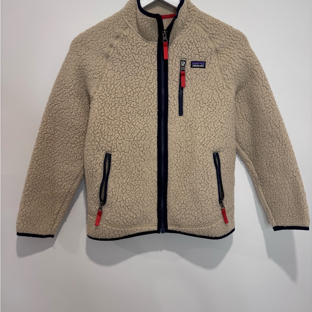 Patagonia Classic Beige Sherpa Fleece with Full Zip Red Highlights